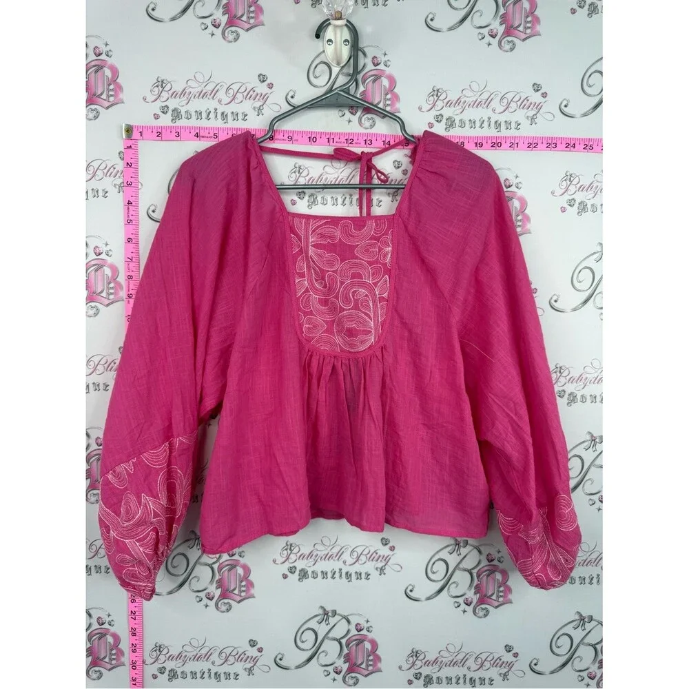 Rain top Embroidered Square-Neck Peasant Blouse in Fuchsia - Picture 1 of 12